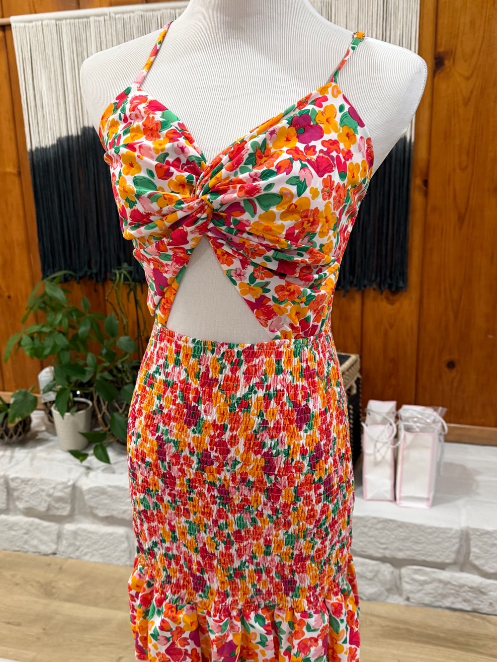 Floral Knot-Front Cutout Maxi Dress - Red & Yellow